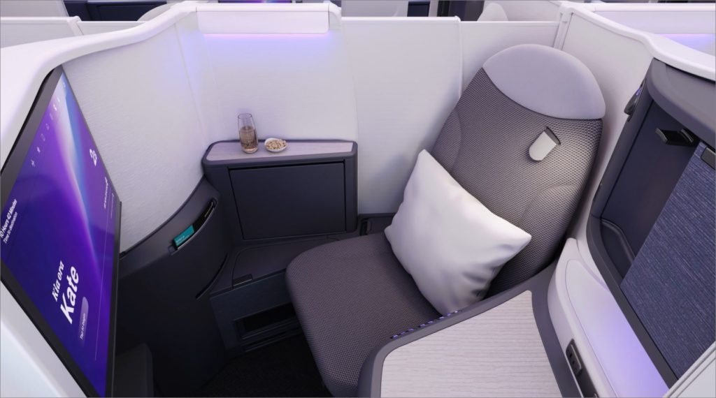 A privacy divider between the center pair of Air New Zealand Business Premier seats can be opened for passengers traveling together