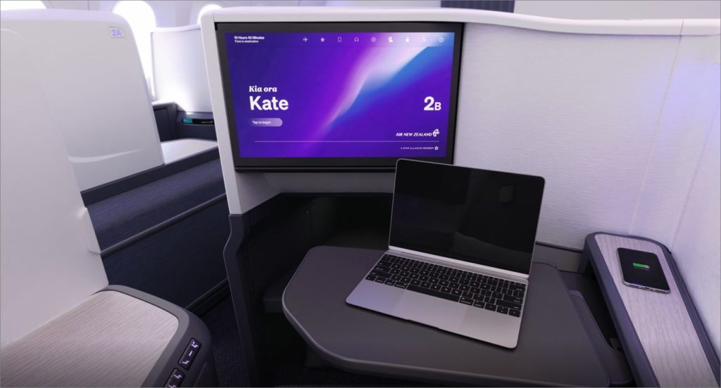 Note the single slab tray table and wireless device charging on Air New Zealand's new Business Premier seat